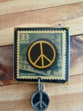 Peace Symbol Enamel Brooch with Dangle - Yellow and Black